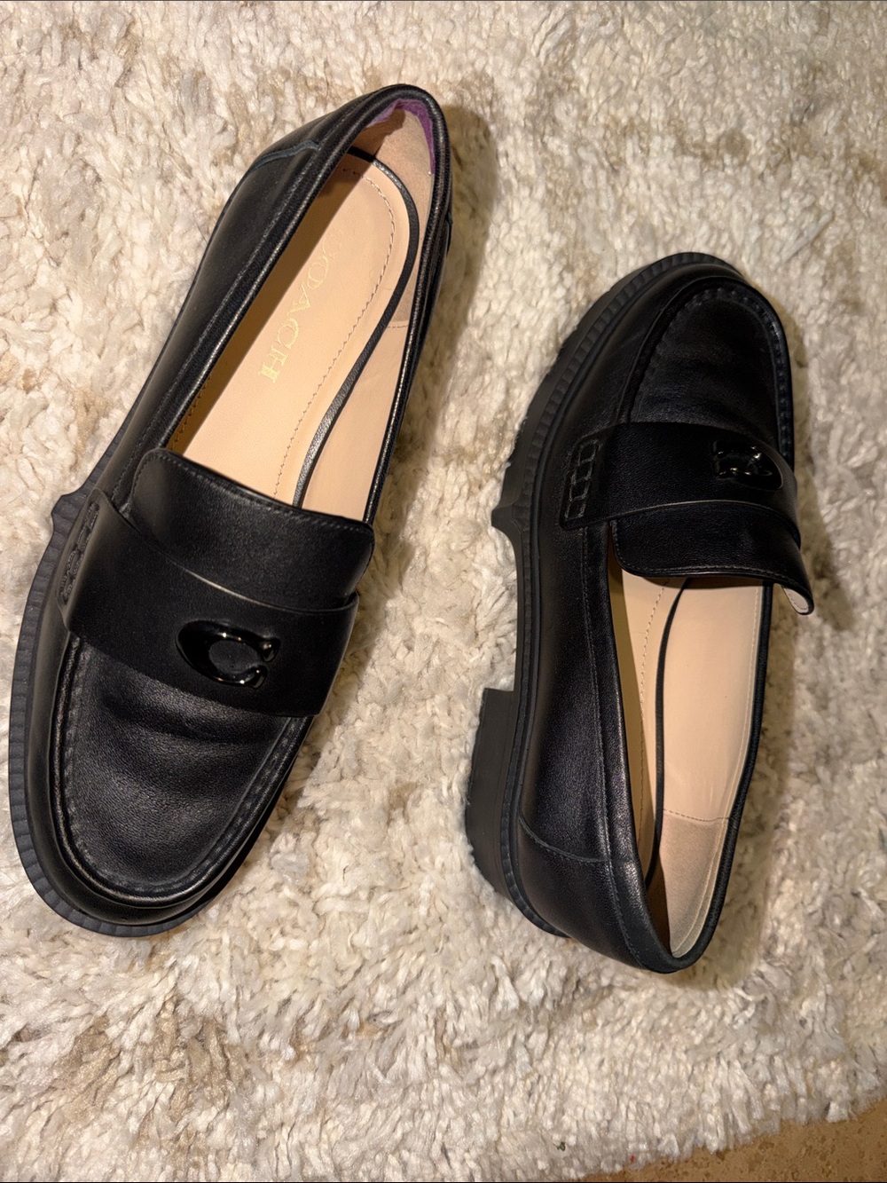 Coach Black Leather Classic Leah Loafers with Signature Accent